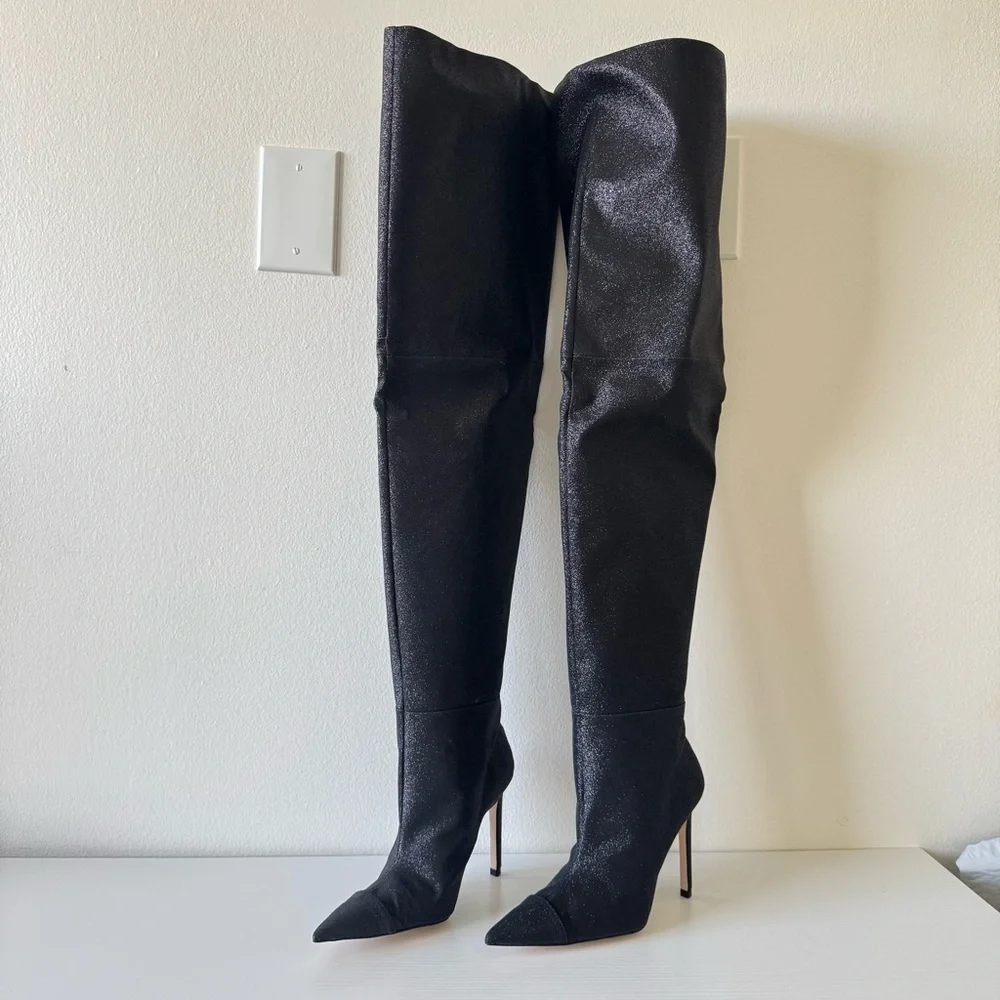 New! Good American Glitter Elegant Black Over-the-Knee Boots, Size 7,5